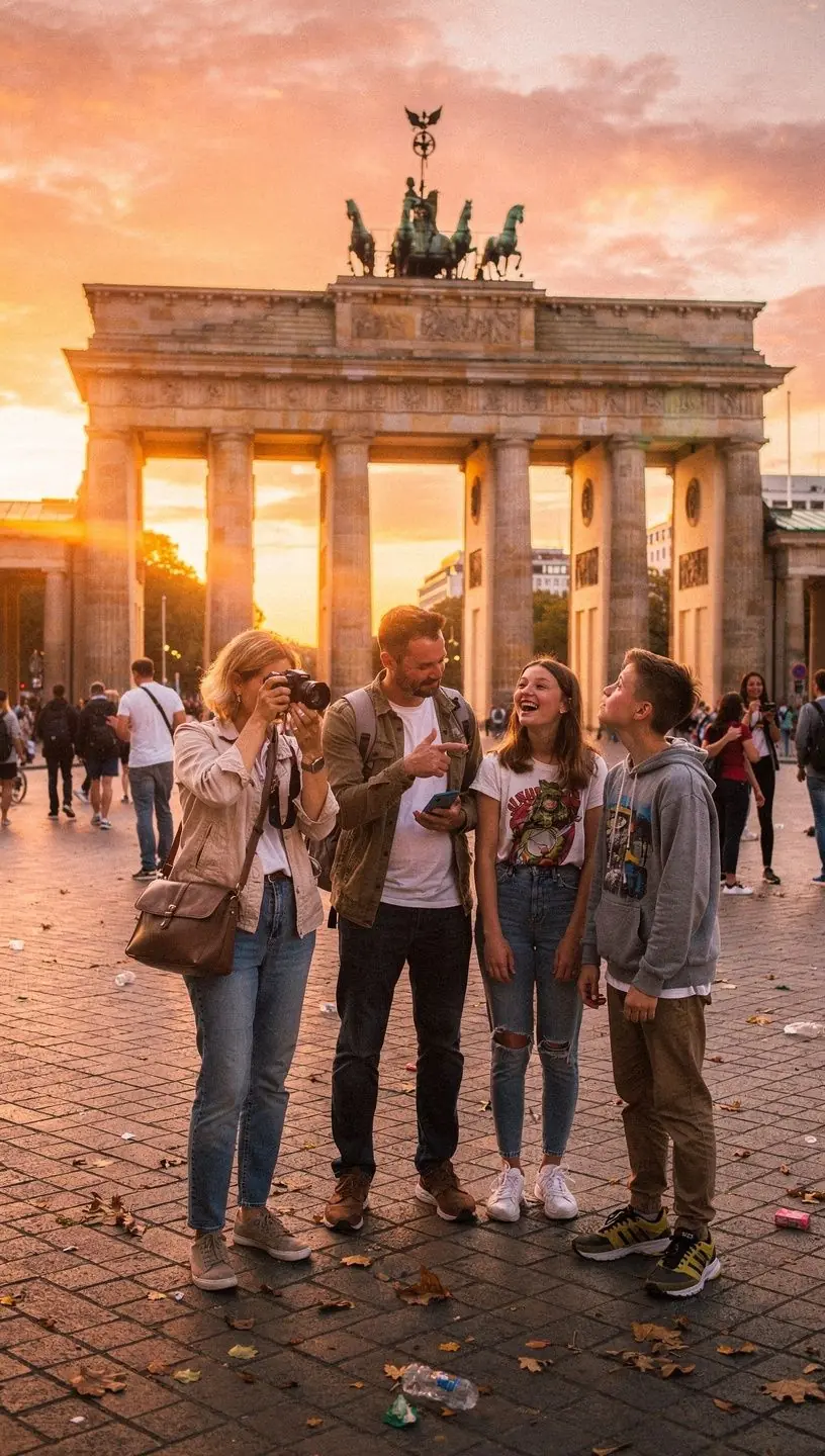 Eltern lesen gemeinsam mit Kindern eine übersichtliche Reiseroute für einen stressfreien Urlaub in Deutschland.