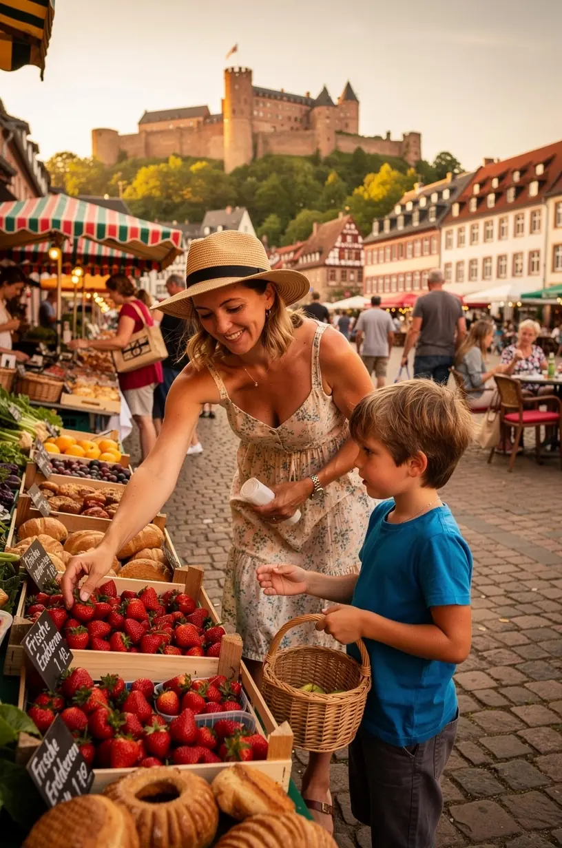 Lächelnde Familie bei einer Pause in einem gemütlichen deutschen Café, perfekt für entspannte Tagesetappen mit Kindern.